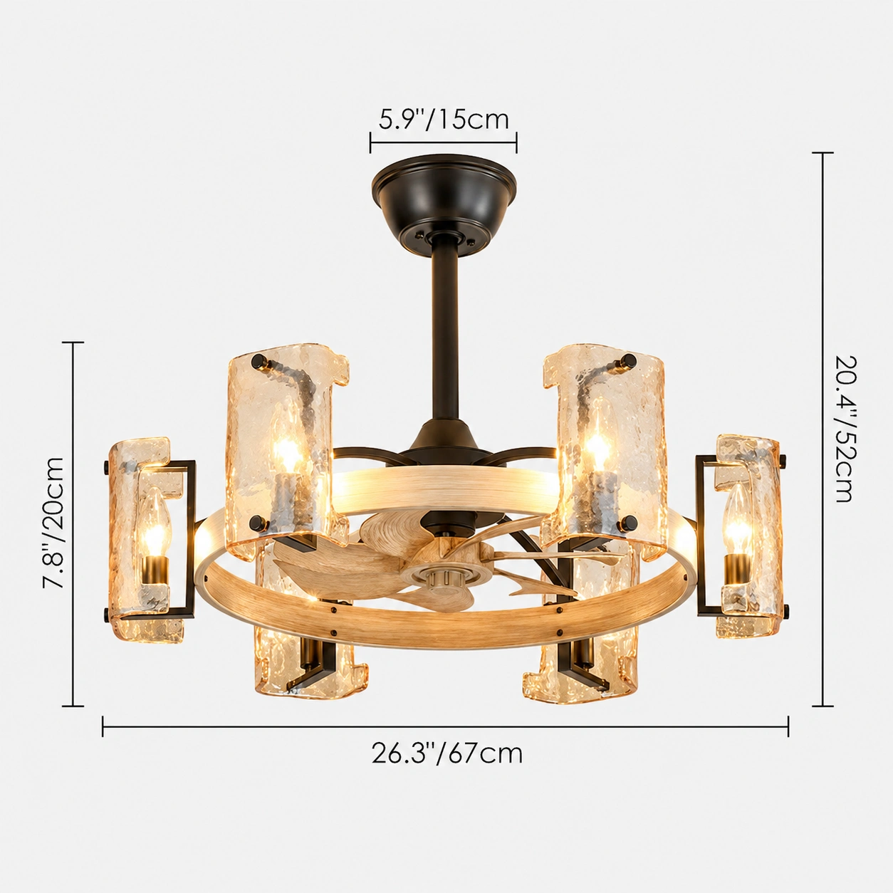 26.3" Rustic Amber Glass Fandelier Ceiling Fan with Remote, 6-Light