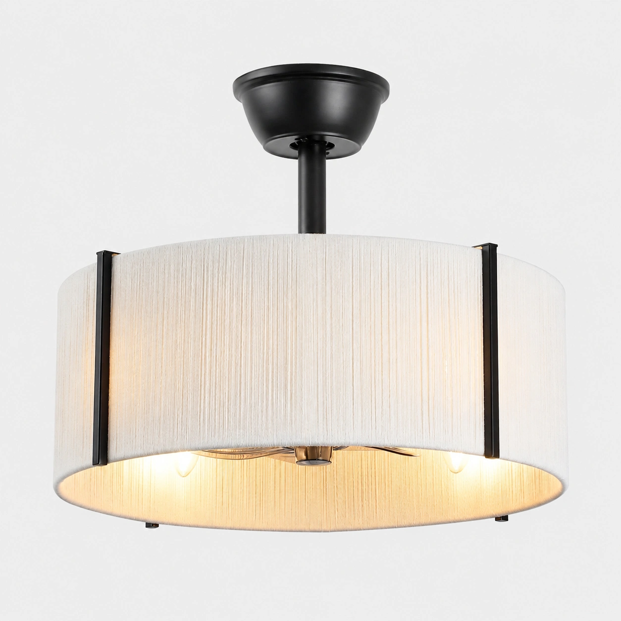 Black fabric drum shade ceiling fan with concealed blades and four light design