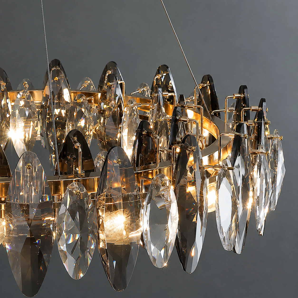 Modern Smoked Crystal Chandelier with Gold Frame for Dining & Living Rooms
