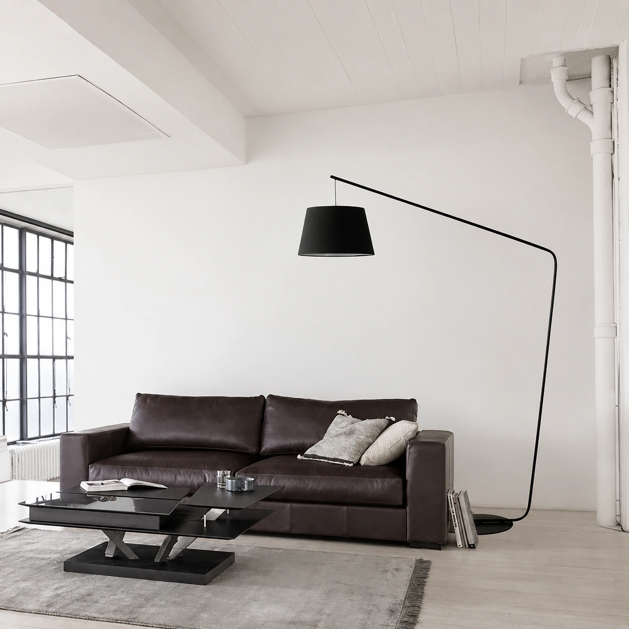 Modern Black Cantilever Floor Lamp with Drum Shade for Living Room
