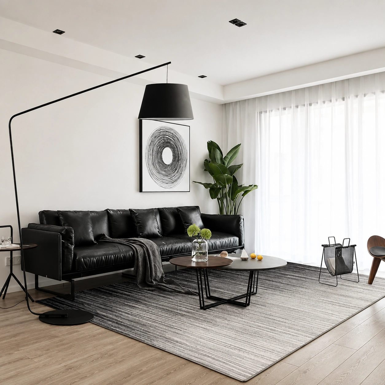 Modern Black Cantilever Floor Lamp with Drum Shade for Living Room