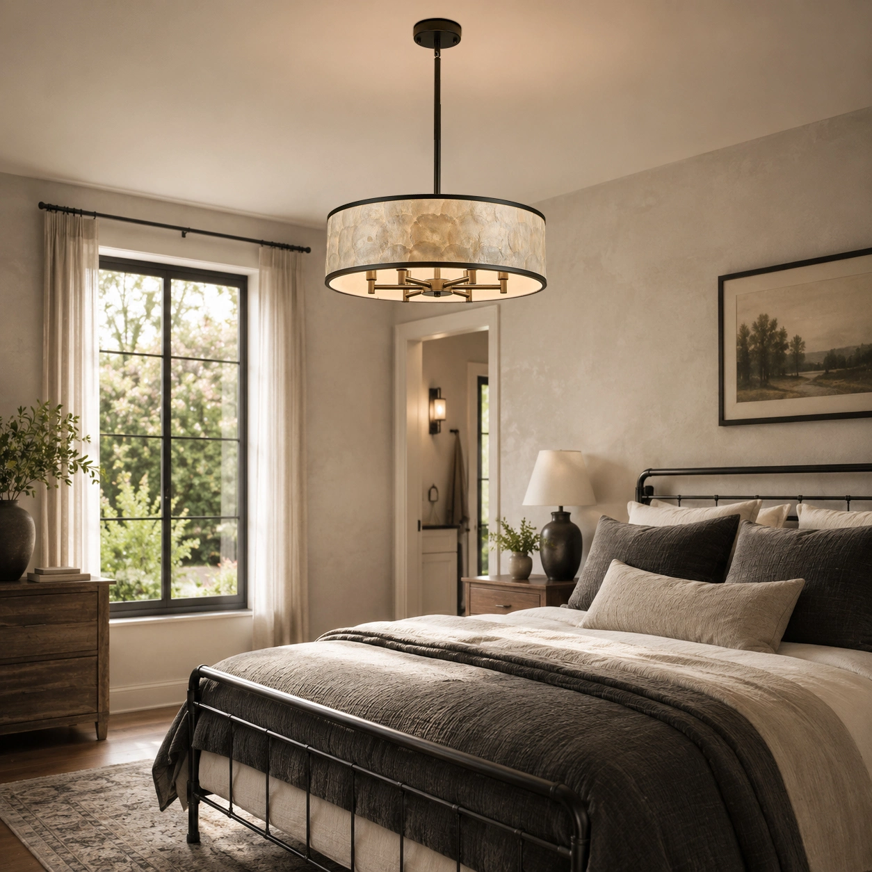 19.7" Black Capiz Shell Drum Chandelier, 6-Light Pendant for Dining Room