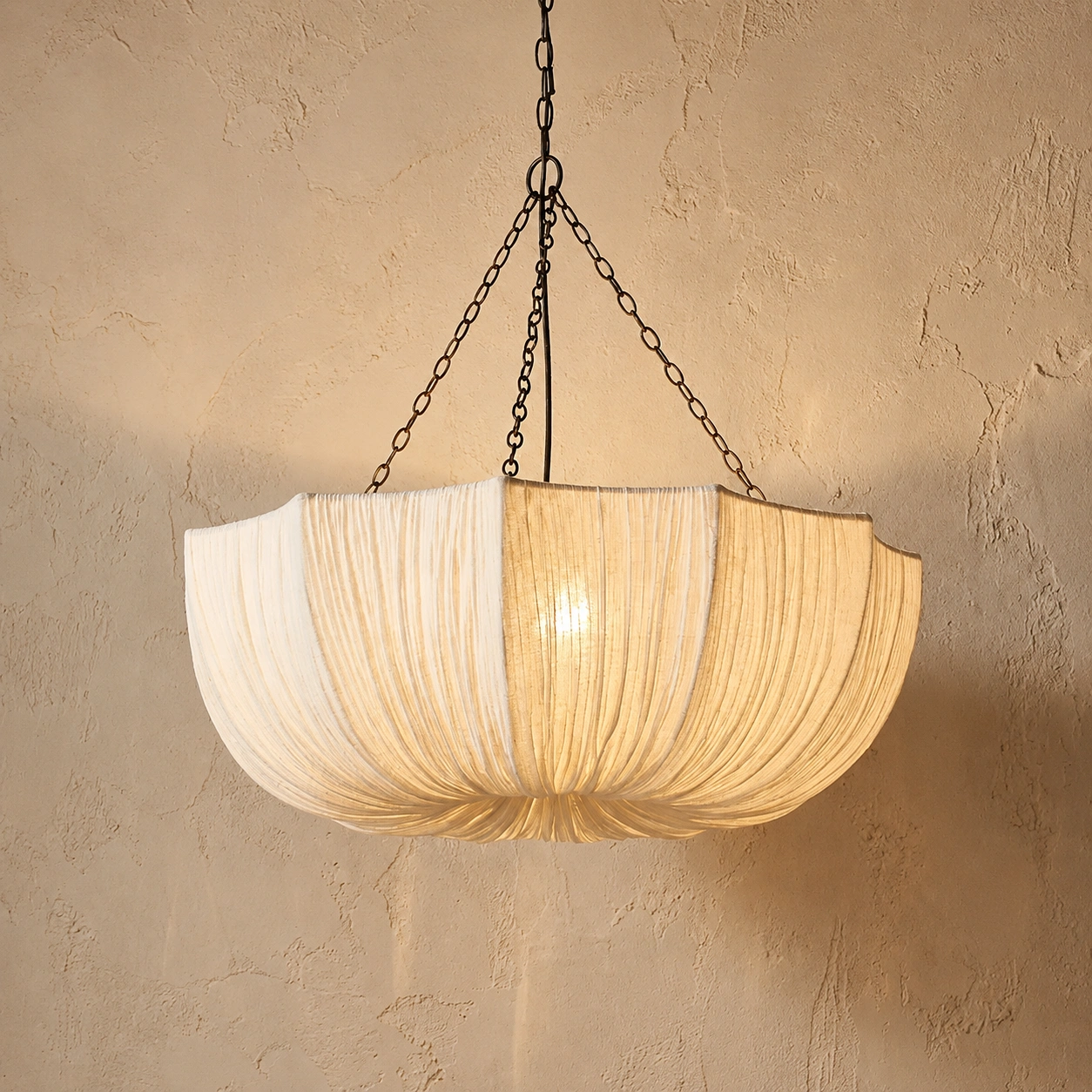 Large Cream Pleated Fabric Chandelier with Sculptural Draped Shade