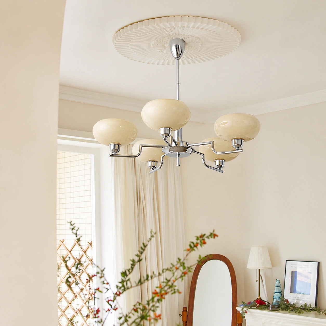Mid-Century Opal Glass Chandelier in Brass or Chrome | 3 & 5 Light