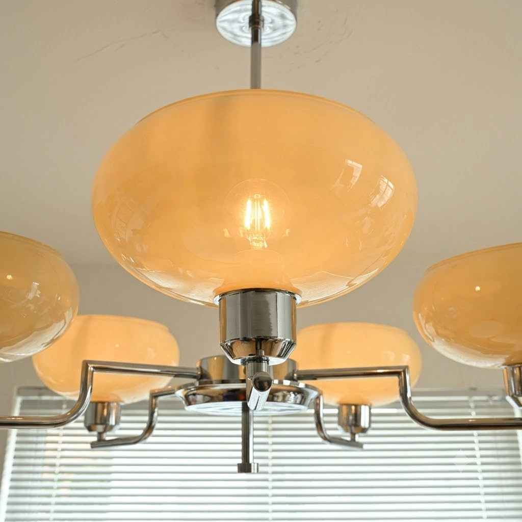 Mid-Century Opal Glass Chandelier in Brass or Chrome | 3 & 5 Light