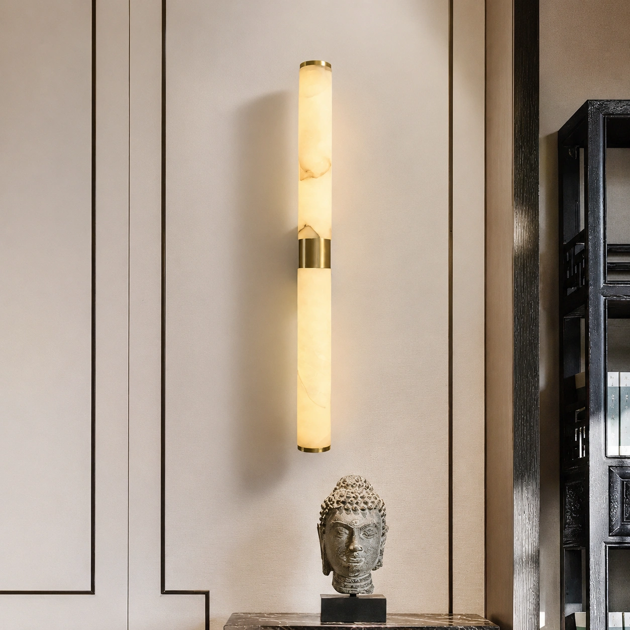 Modern Vertical Alabaster Wall Sconce with Warm Brass Accents
