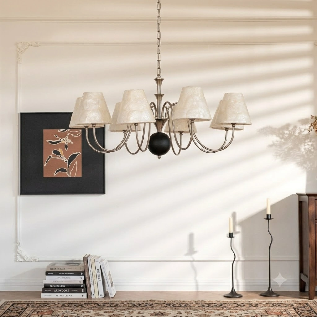 Capiz Shell Shade Chandelier with Antique Brass Arms | 5, 6 & 8 Light