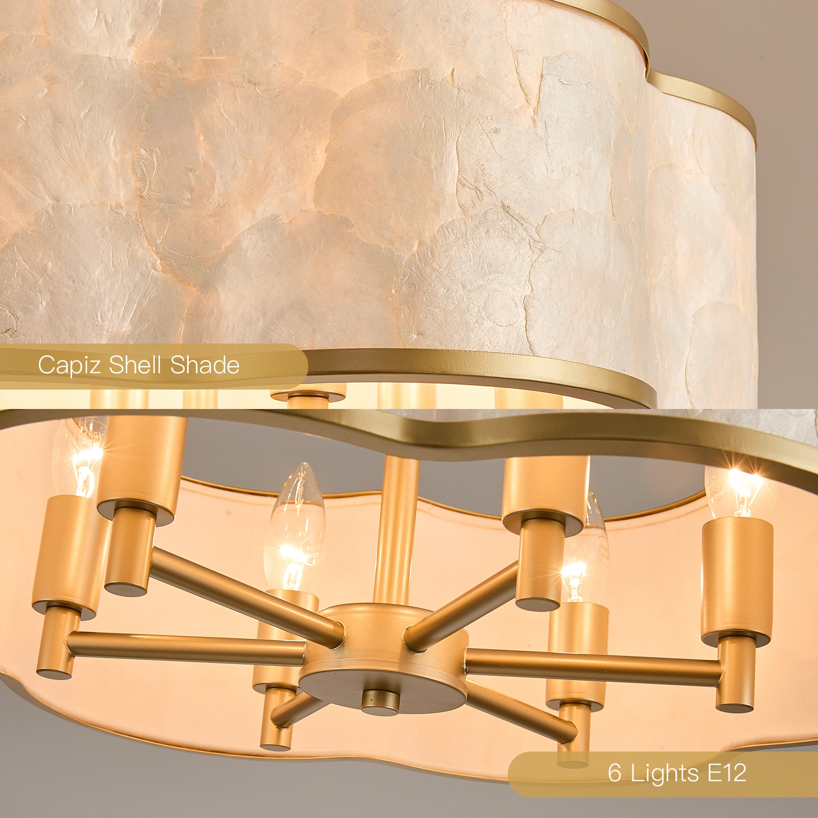 19.7" Gold Floral Capiz Shell chandelier, 6-Light Drum, For Coastal Dining Room Kitchen Islands.