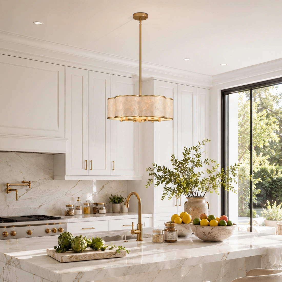 19.7" Gold Floral Capiz Shell chandelier, 6-Light Drum, For Coastal Dining Room Kitchen Islands.