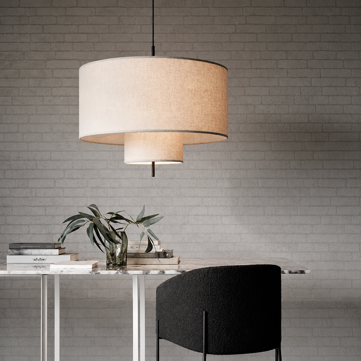 Double drum linen pendant light above a modern home office desk with soft diffused lighting