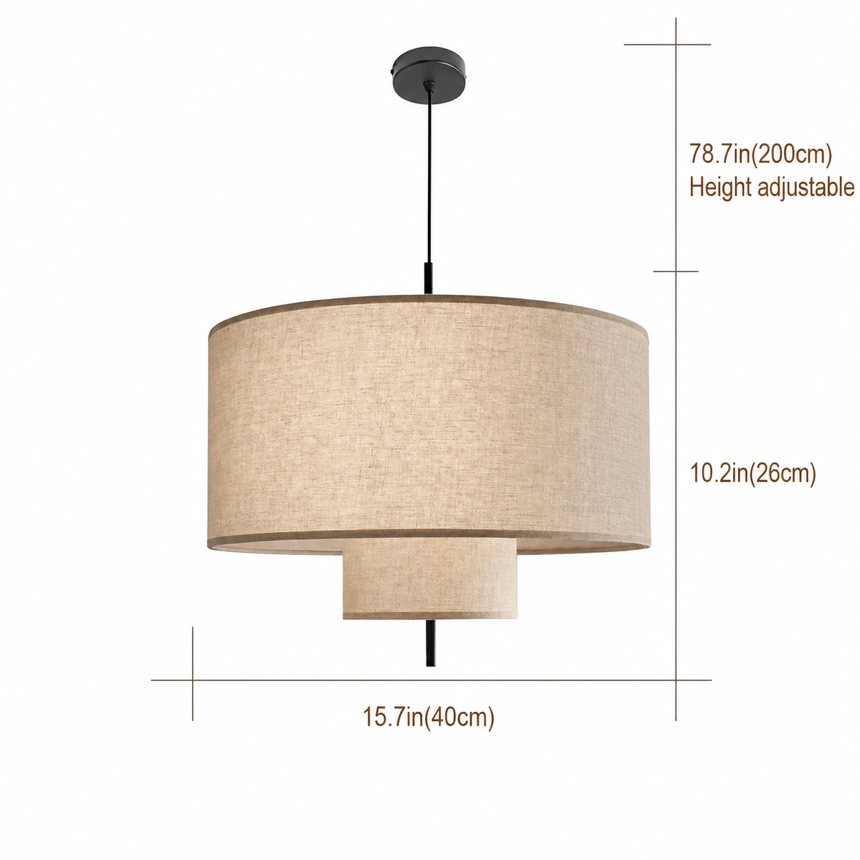 15.7 inch double drum linen pendant light size diagram with adjustable hanging cord