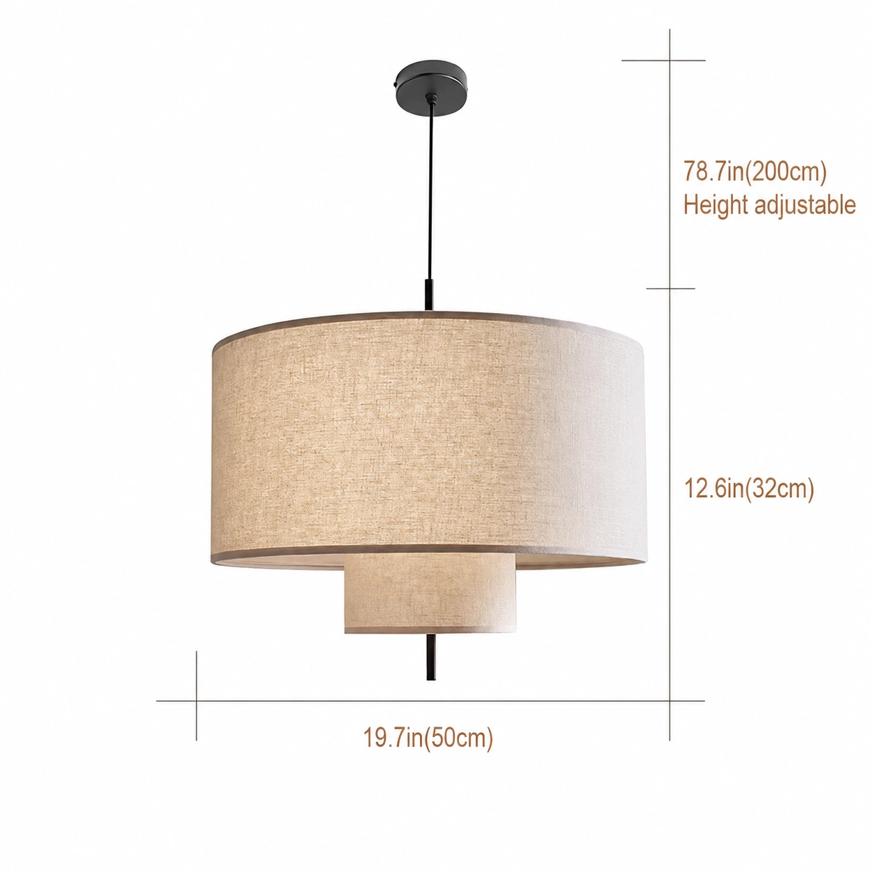 19.7 inch double drum linen pendant light size diagram with adjustable 78.7 inch cord