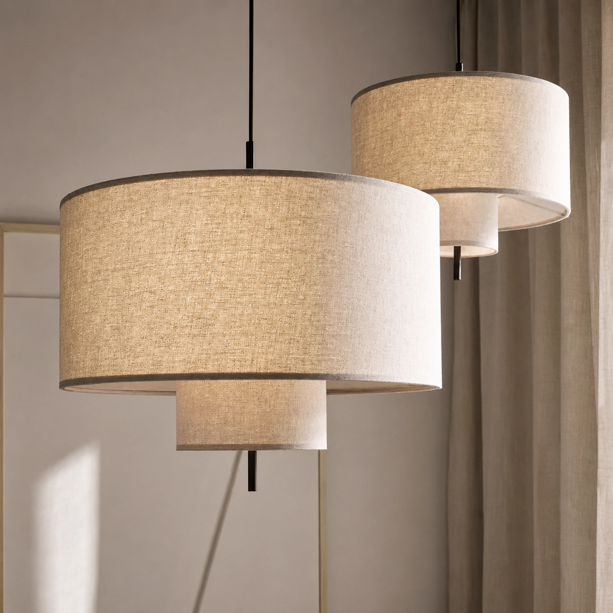 Double drum linen pendant lights with layered natural fabric shades and warm ambient glow
