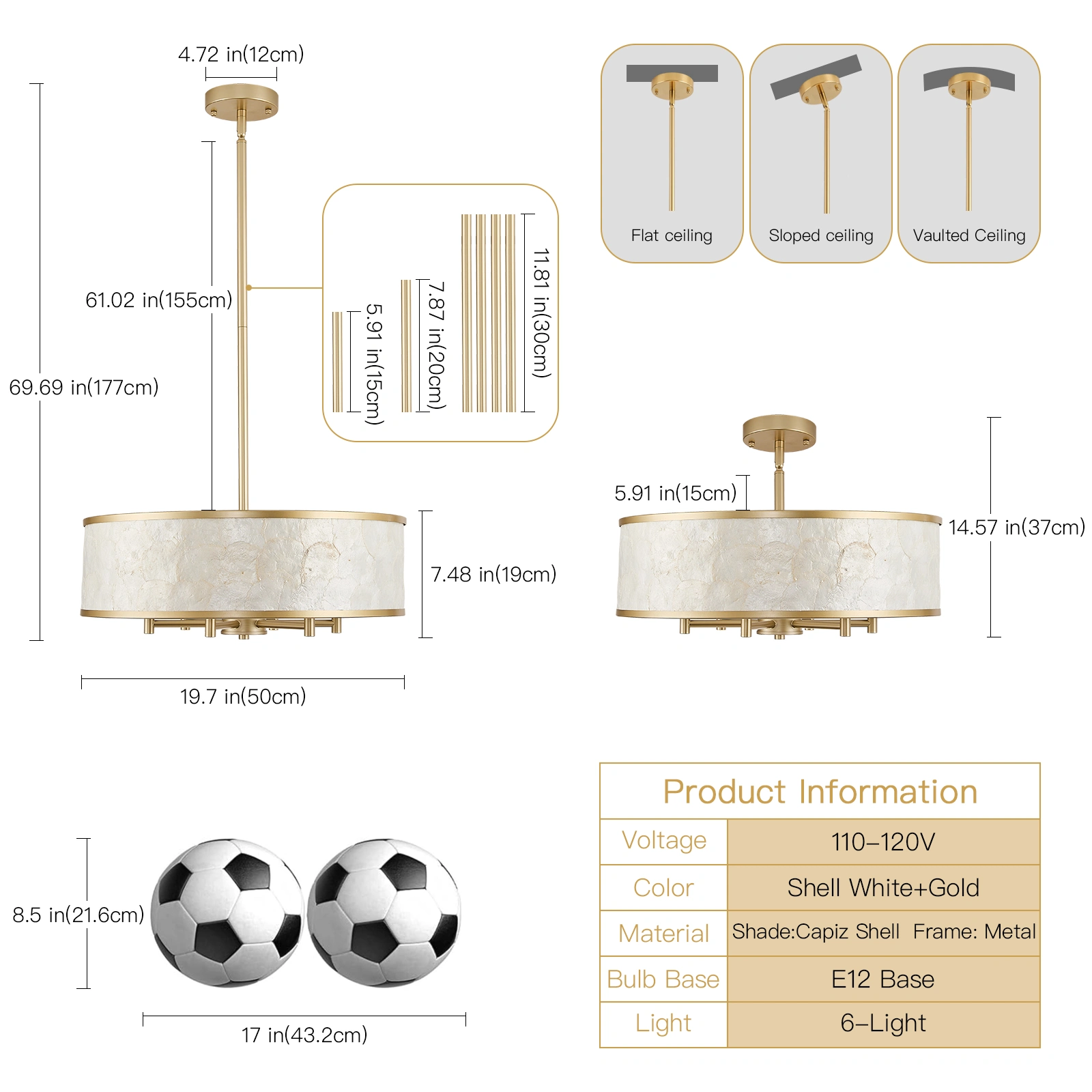 19.7" Gold Capiz Shell Drum Chandelier, 6-Light Pendant for Dining Room